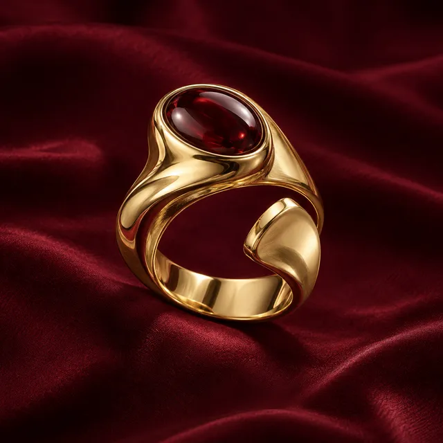 Sculptural gold loop ring with a deep red garnet, on burgundy satin
