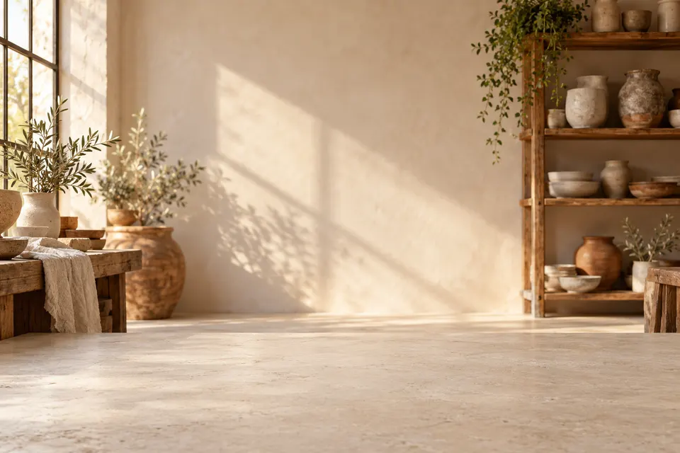 A softly lit pottery studio with shelves of handmade vessels