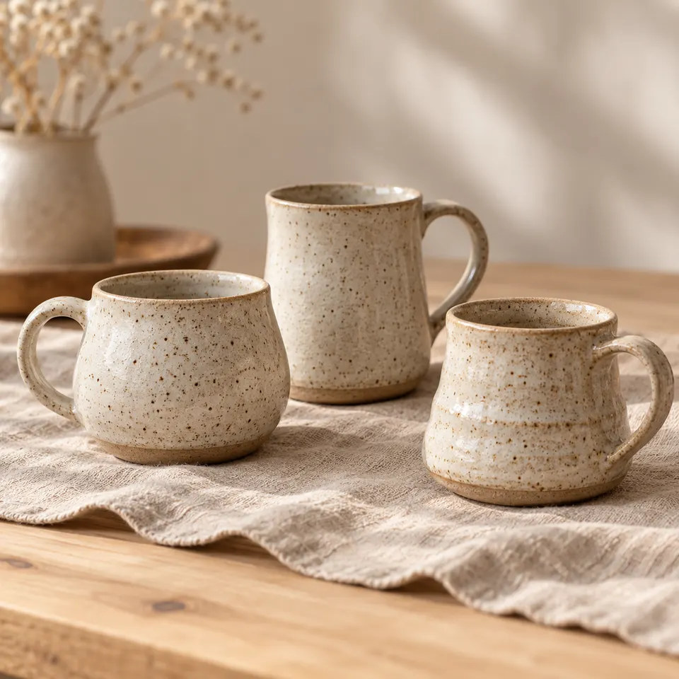 Morning mug trio in a softly lit product photograph