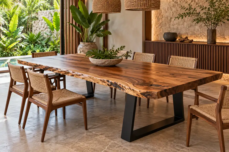The gathering table in a modern tropical interior