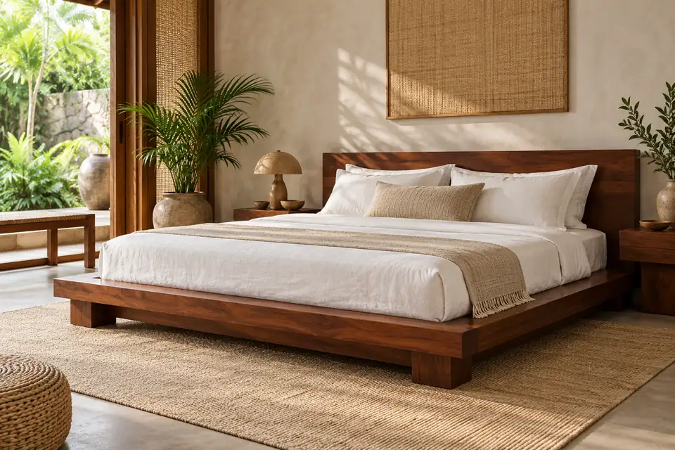 The slow-morning bed in a modern tropical interior