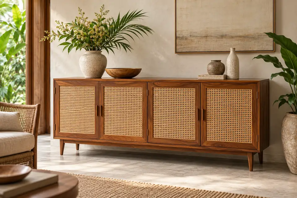 The woven sideboard in a modern tropical interior