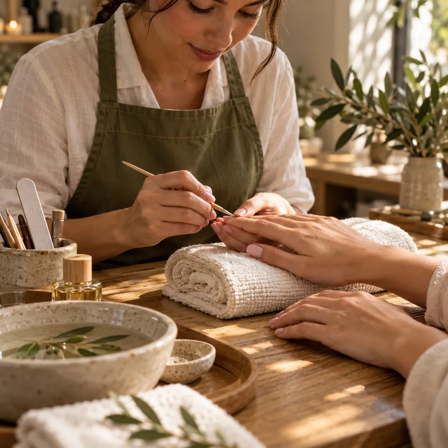 A careful manicure with pale rose polish, cream towels, and warm oak