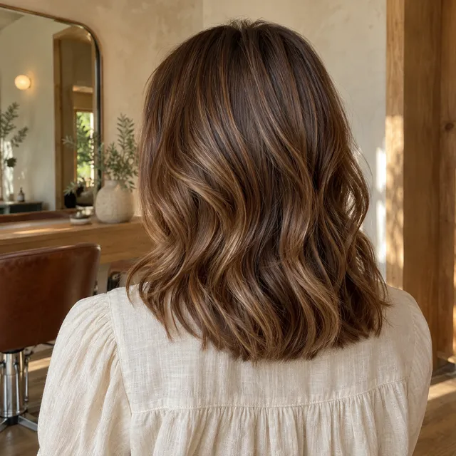 Soft chestnut waves and caramel highlights, viewed from behind