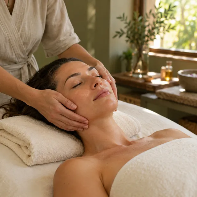 A calming facial treatment in a cream spa room